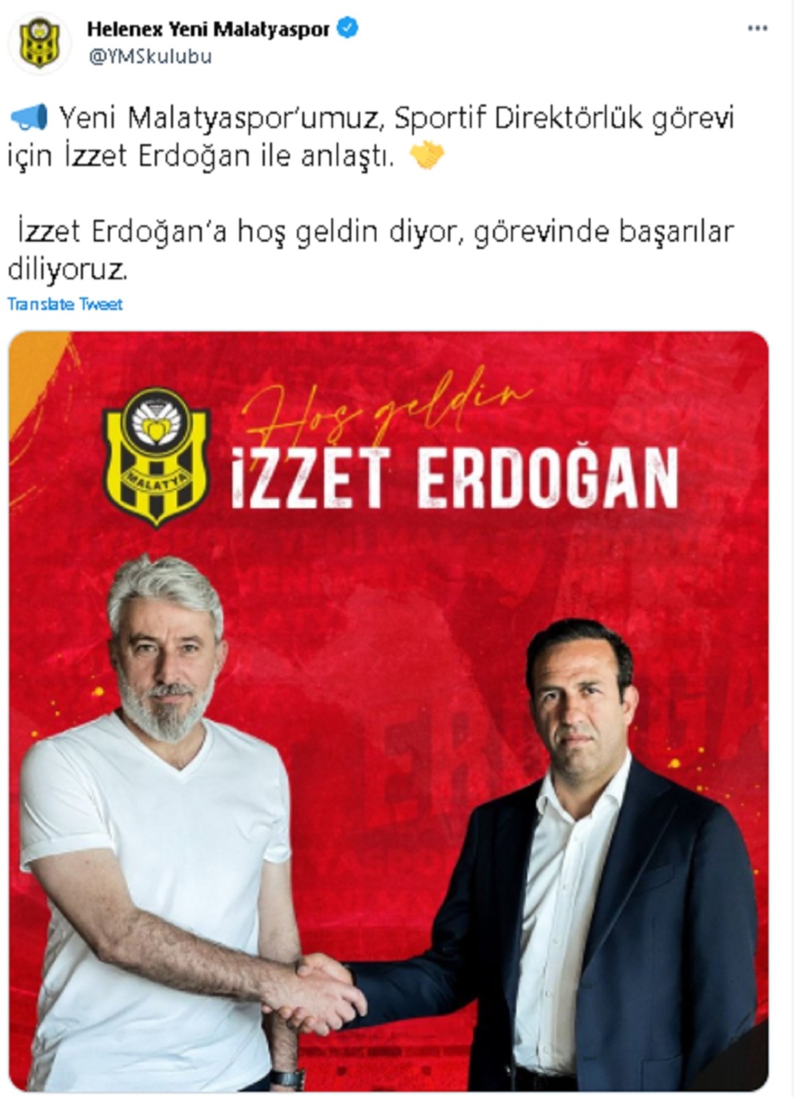 Yeni Malatyaspor’da sportif direktörlüğe İzzet Erdoğan getirildi